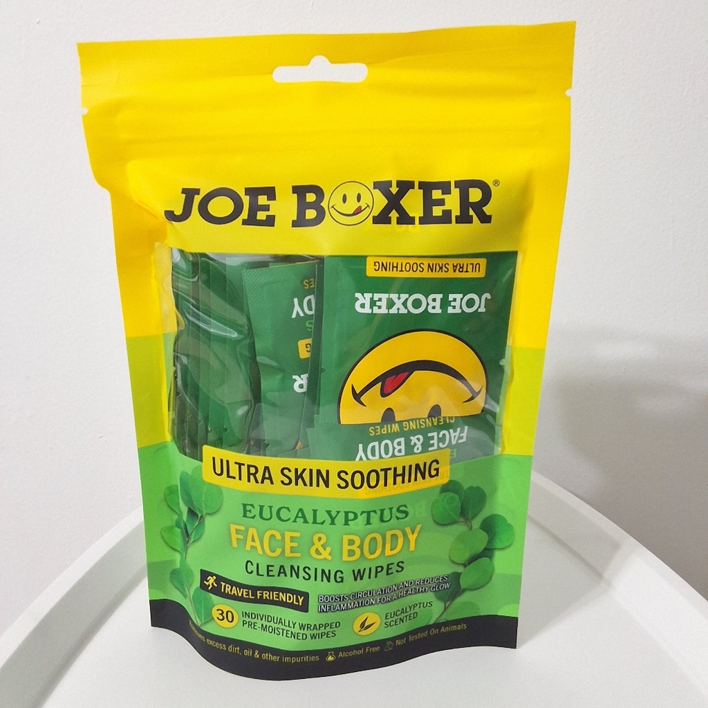 Joe Boxer Eucalyptus Face & Body Cleansing Wipes, 30 Count, Travel Friendly, NEW